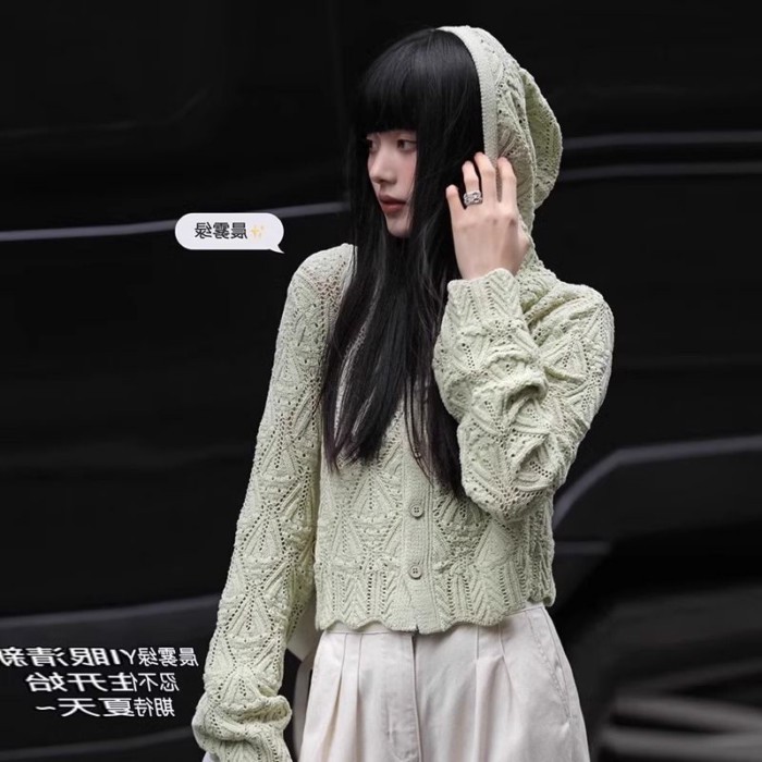 Mới ngắn phong cách có mũ trùm đầu mùa hè dài tay chống nắng mỏng rỗng dệt kim áo cardigan dệ