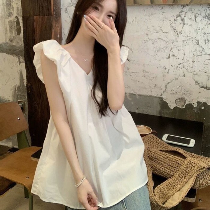 Áo sơ mi cổ chữ V dài vừa mùa hè dành cho nữ có quai ngang và áo sơ mi trắng tay bay nhỏ
