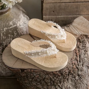 Giày cao gót 5cm ngọc trai đáy dày Dép nữ mặc ngoài mùa hè Dép và dép Bohemian đi nghỉ mát gi