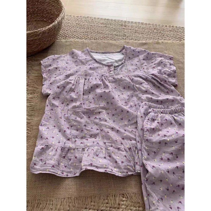 Bộ Đồ Ngủ Họa Tiết Hoa Màu Tím Ngọt Ngào Nữ Nhật Bản Tươi Ngắn Tay Quần Short Có Thể Mặc Bên