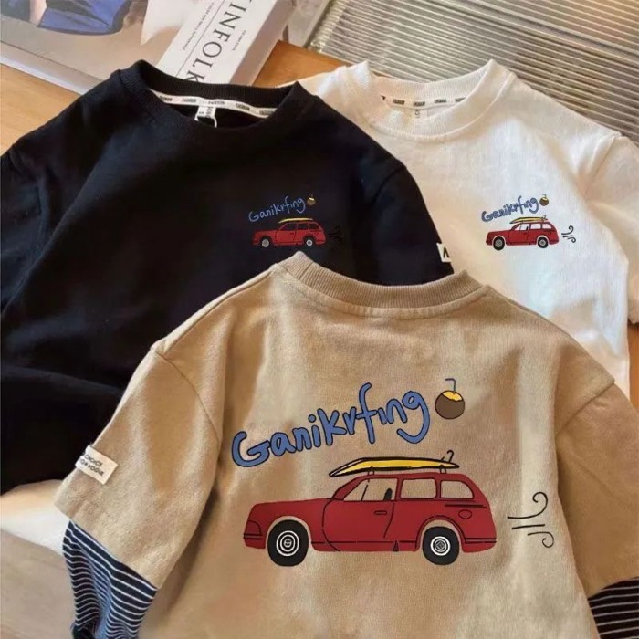 Áo thun hai mảnh giả dài tay cotton nguyên chất dành cho bé trai và trẻ em mới đáy hoạt hình