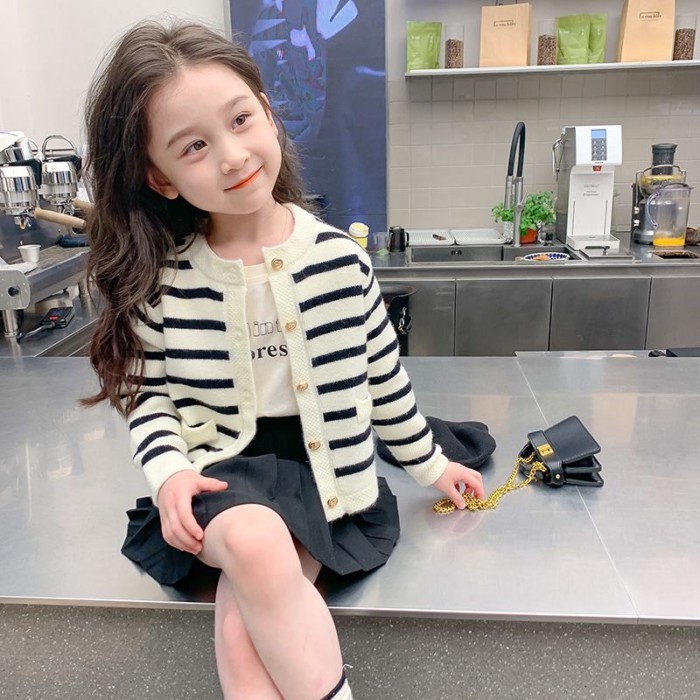 Áo len dệt kim cardigan bé gái Hàn Quốc xuân thu mới phong cách Hàn Quốc áo len sọc dài tay dành