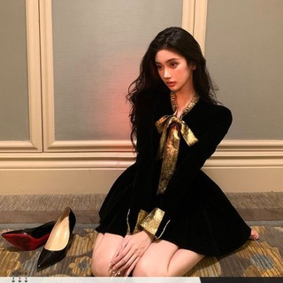 Dì Barbie Giáng Sinh Nhung Dài Tay Nữ Mùa Thu Đông Mới Sinh Nhật Đầm Pháp Hepburn Nhỏ đầm Màu Đe