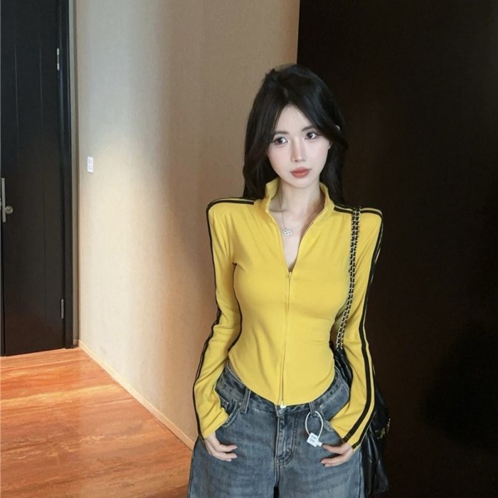 Mỹ Áo Thun Dài Tay Sọc Nữ Đầu Thu Ngắn Dây Kéo Đôi Top Cardigan Đáy