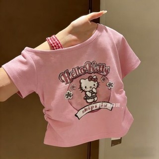 Áo thun ngắn tay lệch vai in hình mèo KT dễ thương mùa hè dành cho trẻ em và trẻ trung niên áo xếp