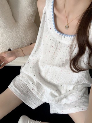 Bộ đồ ngủ cổ tròn chấm bi nhiều màu sắc ngọt ngào dành cho nữ dáng rộng dáng vest quần short