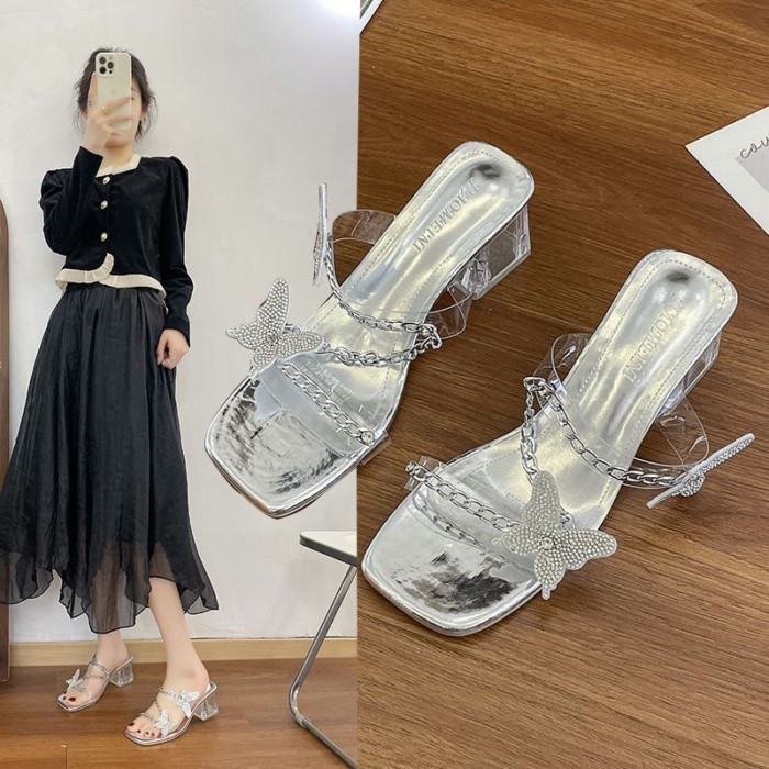 Giày sandal đế dày trong suốt hình bướm bạc phong cách cổ tích dành cho nữ mùa xuân hè thời trang g