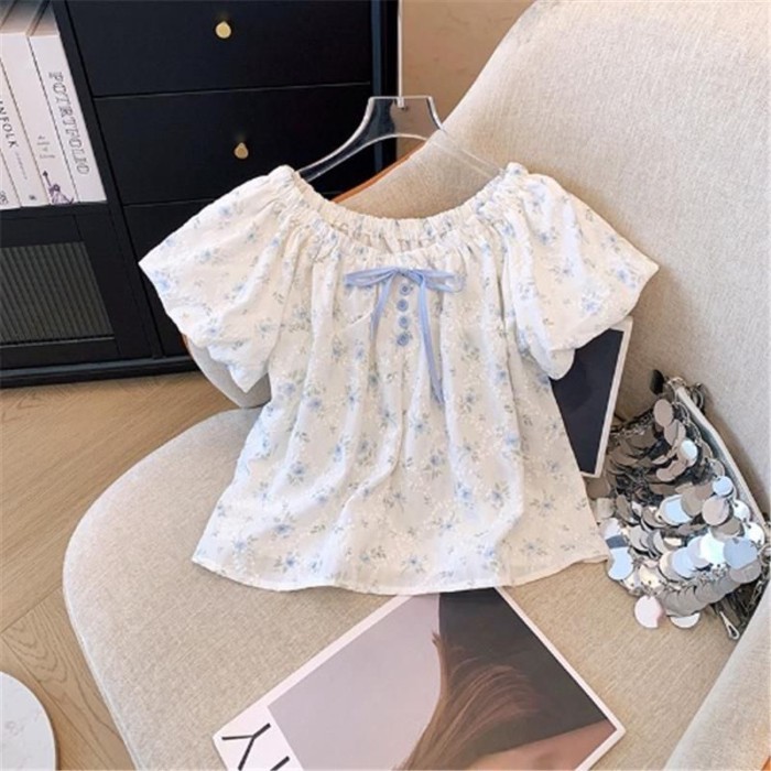 Trang Phục Cho Nữ Tay Ngắn Phong Cách Phương Tây Áo Mùa Hè Cho Trẻ Em Tay Phồng Áo Họa Tiết Hoa