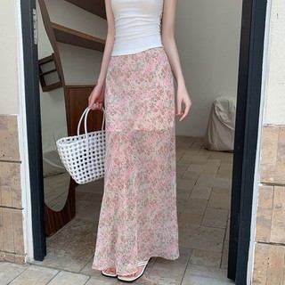 Người nổi tiếng mùa hè Váy dài màu hồng hoa Pháp mới của phụ nữ Váy đuôi cá eo cao thời trang và