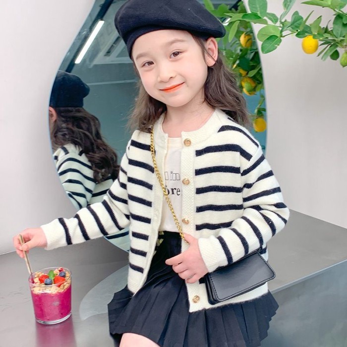 Áo len dệt kim cardigan bé gái Hàn Quốc xuân thu mới phong cách Hàn Quốc áo len sọc dài tay dành