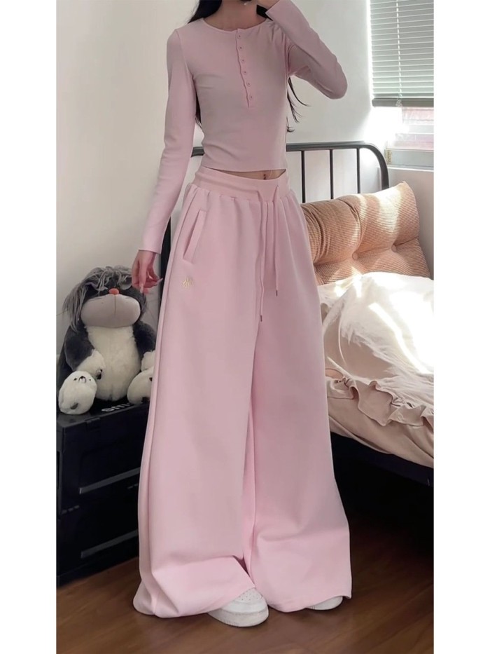 quần ống rộng lưng cao màu hồng ngọt ngào dành cho nữ có dây rút thả quần thể thao quần ống rộng