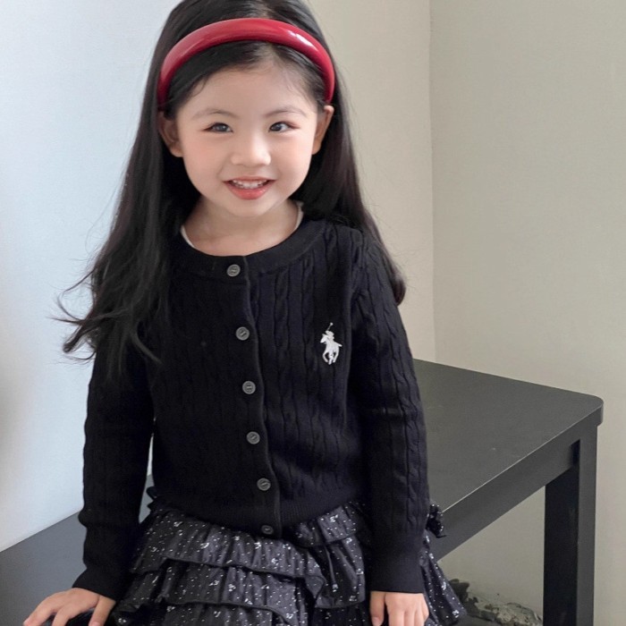 Áo len Hàn Quốc trẻ em, áo cardigan thêu xoắn mới, áo dệt kim dài tay bé gái