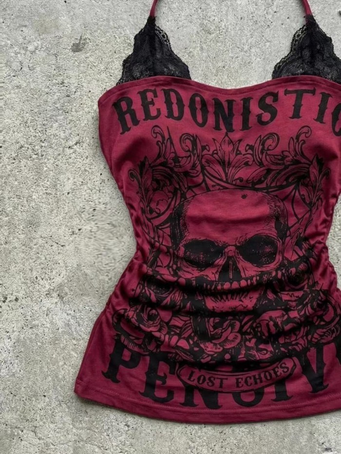 American Retro Skull Print Y2k Hot Girl Female Spring Halter Style Slim Temperament Little Pe