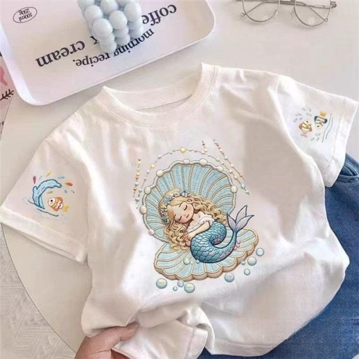 Summer Cartoon Creative Mermaid Imitation Embroidery Printed Short-Sleeved Girls Cute All-Matc
