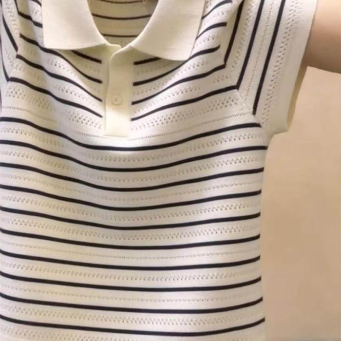 Áo thun ngắn tay cổ polo sọc băng lụa lạnh dành cho nữ mùa hè hở vai