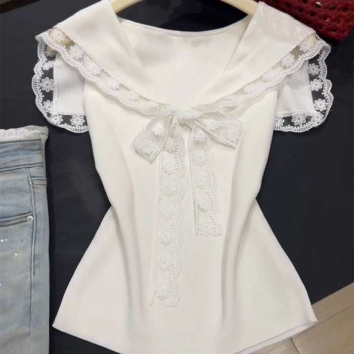 tinh khiết ham muốn phong cách hải quân cổ áo ren vest nữ mùa hè mới ngọt ngào hottie nơ eo n