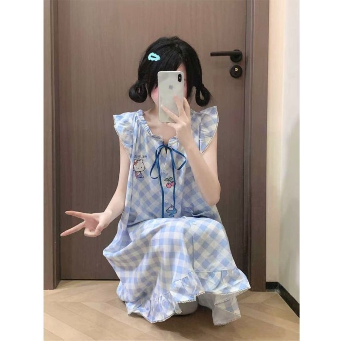 in họa tiết váy ngủ kẻ sọc đám mây cotton ngọt ngào bong bóng Pháp cotton HelloKitty nữ mùa h