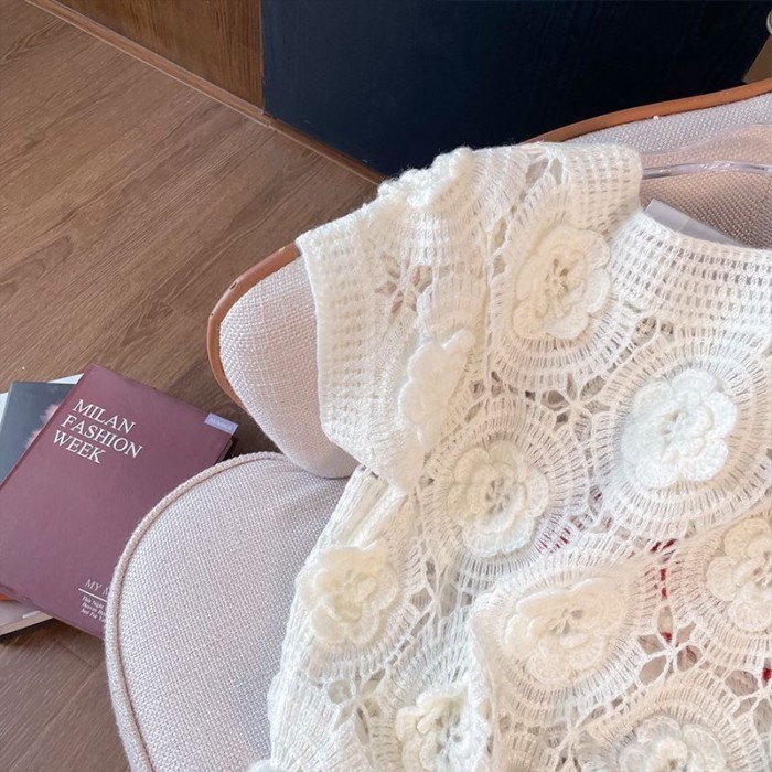 Áo thun móc rỗng ba chiều, áo dệt kim ngắn tay ôm dáng cao cấp, hợp thời trang
