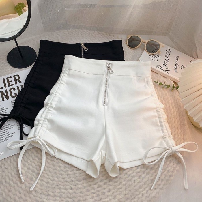 Quần short màu đen lưng cao dây rút giảm béo cỡ lớn dành cho nữ phong cách Hàn Quốc mới ôm vừ