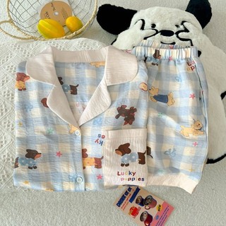Bộ đồ ngủ bé gái kẻ sọc mùa hè quần short ngắn tay cotton hình đám mây dễ thương in hình dễ thương