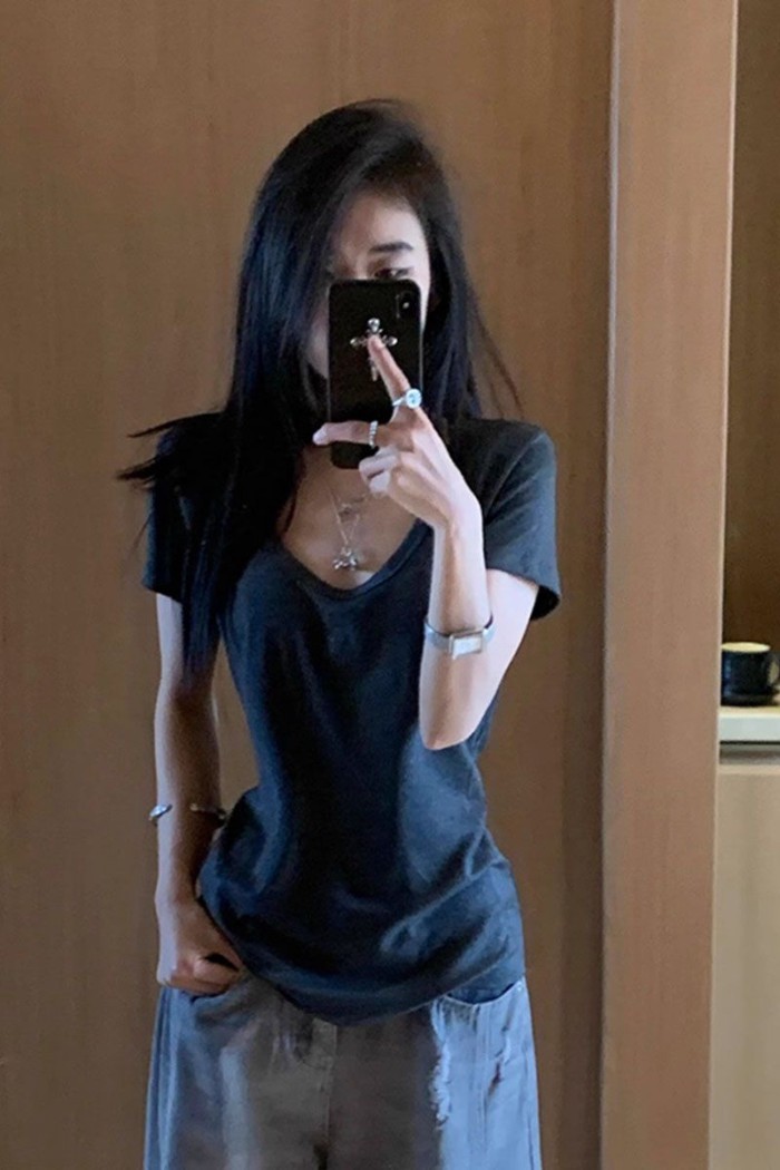 Áo thun ngắn tay vai phải co giãn cao, eo nữ tính, áo đáy mỏng đa năng