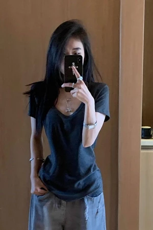 Áo thun ngắn tay vai phải co giãn cao, eo nữ tính, áo đáy mỏng đa năng