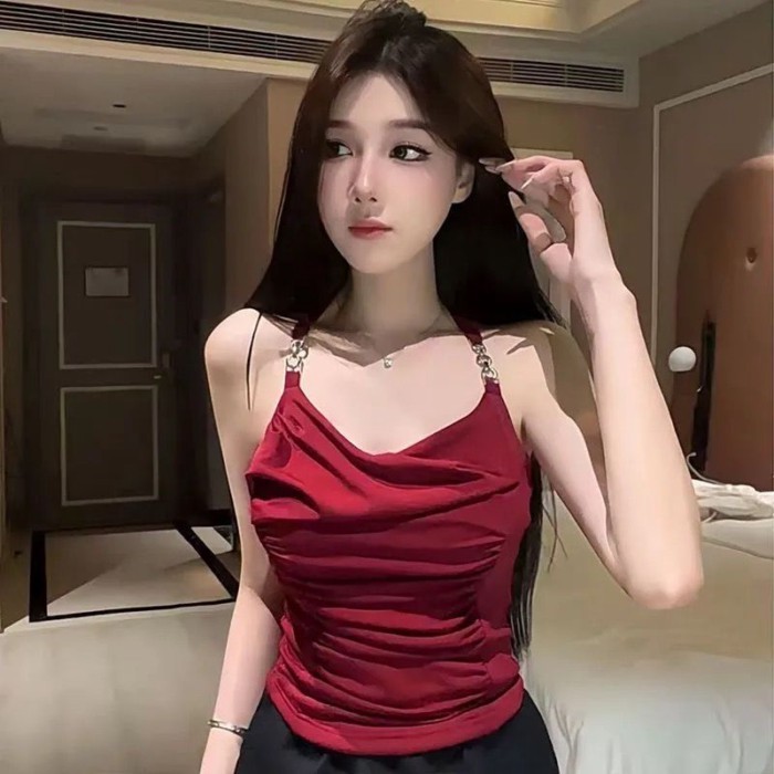 Chain Camisole With Breast Pad Design, Beautiful Back, Hot Girl Slimming, New Pleated Pure Lu