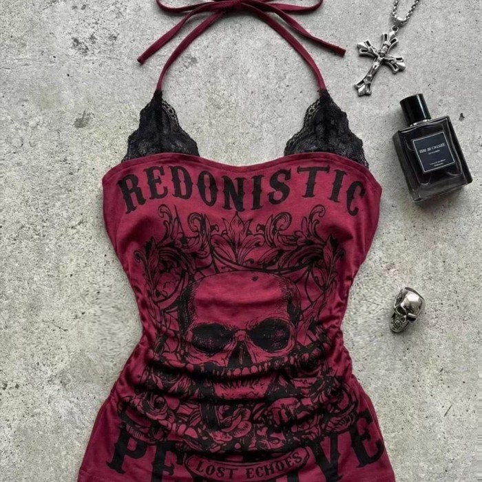 American Retro Skull Print Y2k Hot Girl Female Spring Halter Style Slim Temperament Little Pe