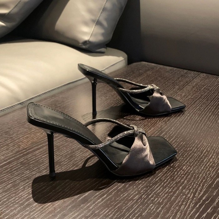 Dây Giày Sandal Nữ Nơ Hở Mũi Cao Gót Mùa Hè Phong Cách Mới Tím Satin Ren
