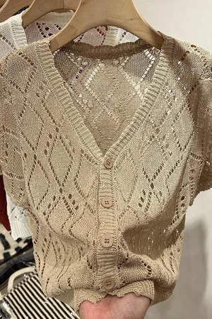 Áo thun cardigan mỏng tay ngắn cổ chữ V dành cho nữ, áo len khoét rỗng dáng rộng, thời trang,