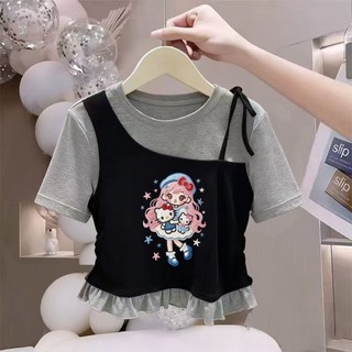 Áo thun ngắn tay giả hai mảnh cổ tròn phong cách Hàn Quốc dành cho bé gái Áo phông có đáy vừa và lớ