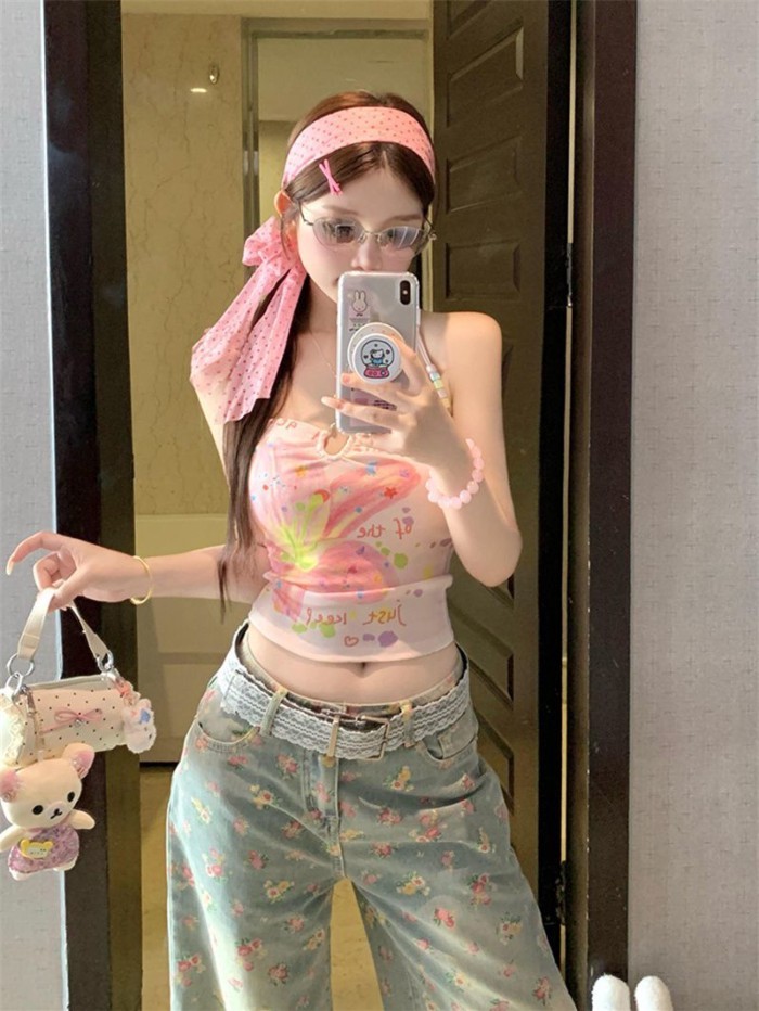 Dopamine Dressing Girl Hot Girl Đính Cườm Yếm Mặc Màu Hồng Ngọt Ngào Kỳ Nghỉ Ống Áo Ngực Halt