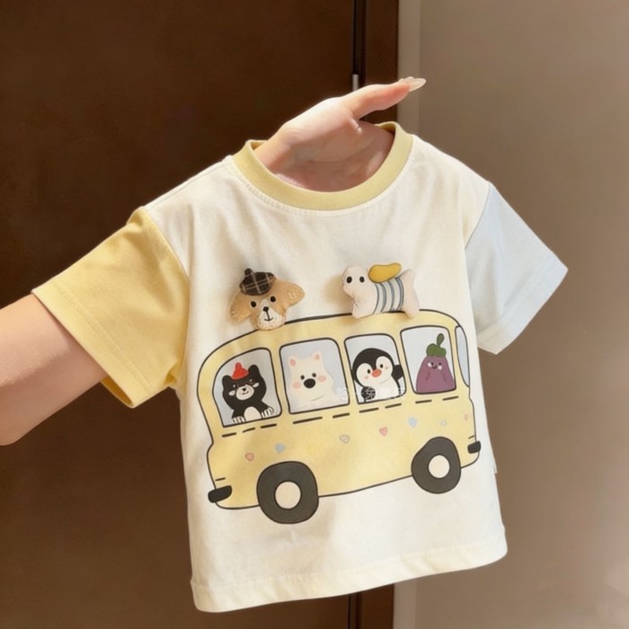 Áo thun ngắn tay in hình xe buýt hoạt hình dành cho bé trai mùa hè bằng vải cotton nguyên chấ