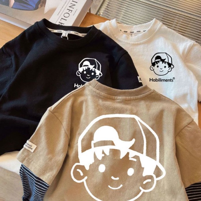 Áo phông bé trai cotton nguyên chất dài tay giả hai mảnh xuân thu áo đáy mỏng mới cho trẻ em