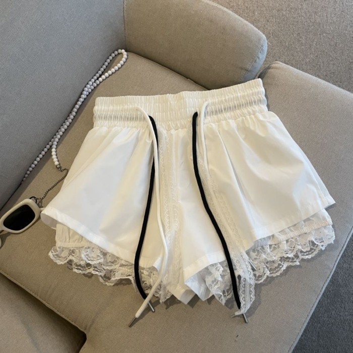 Dây rút lưng thun quần ống rộng cho nữ mùa hè ren khâu cao cấp chữ A quần short và quần âu