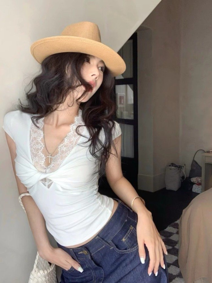 Thiết kế theo phong cách eo retro cổ chữ V Áo thun ngắn tay kiểu Pháp Áo thun nữ mùa hè