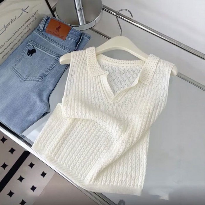 hoa hồng màu hồng cổ polo băng lụa áo vest nữ mùa hè dáng rộng ngắn dệt kim áo thun không tay có