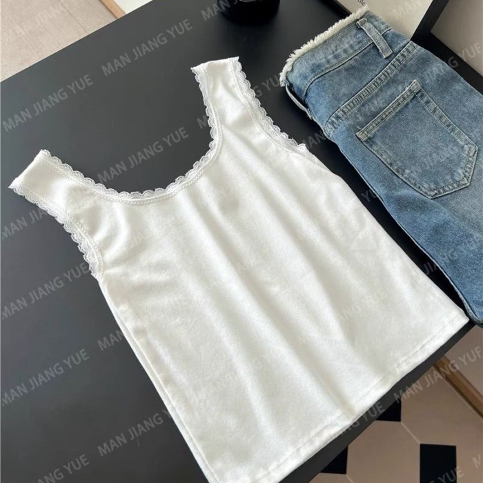 nguyên chất cotton trắng phối ren không tay ôm vừa vặn bên ngoài nơ áo ren treo ngắn