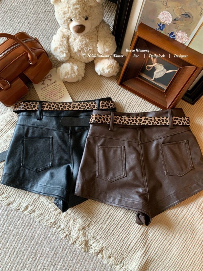 Mỹ Retro Da Báo Cổ Quần Short Da PU Nữ Xuân Thu Đi Lại Hông Chữ A Quần Hot