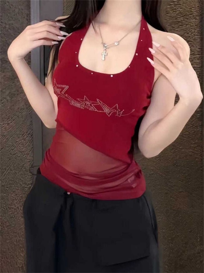 American Retro Hottie Hot Diamond Halterneck Camisole Women's Summer Outer Wear Slim Mesh Spl