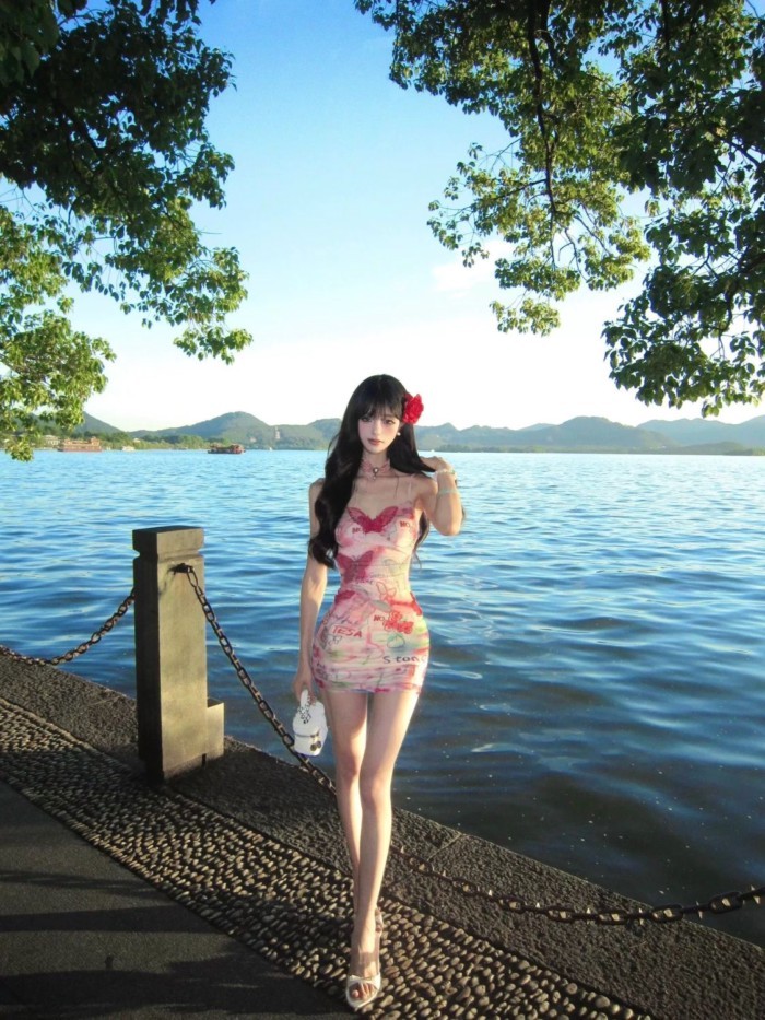 Little Girl Pink Printed Suspender Dress Seaside Vacation Waist Slimming Sexy Hip-hugging Sho