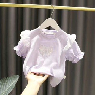 Bé Gái Lưới Nhỏ Bay Tay Bé Gái Tay Phồng Mùa Hè Bé Gái Đính Hạt Cườm Nơ Nguyên Chất Áo Thun Cotton