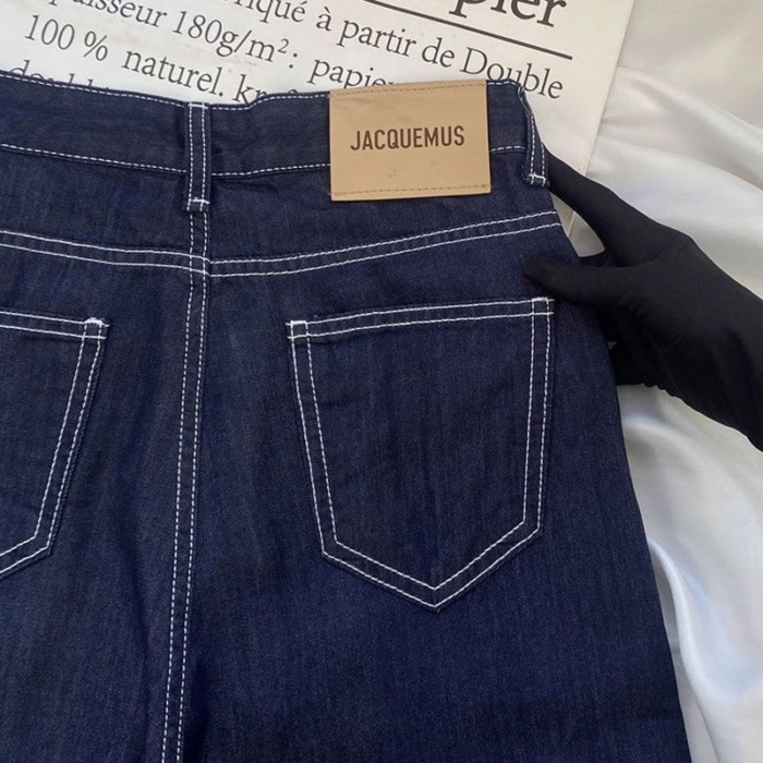 Quần jean ống rộng dành cho nữ mới cỡ lớn da thương hiệu thiết kế denim màu xanh lưng cao dài