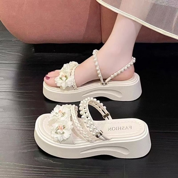 Giày sandal hai đế đế dày họa tiết hoa và váy ngọc trai cổ tích dành cho nữ