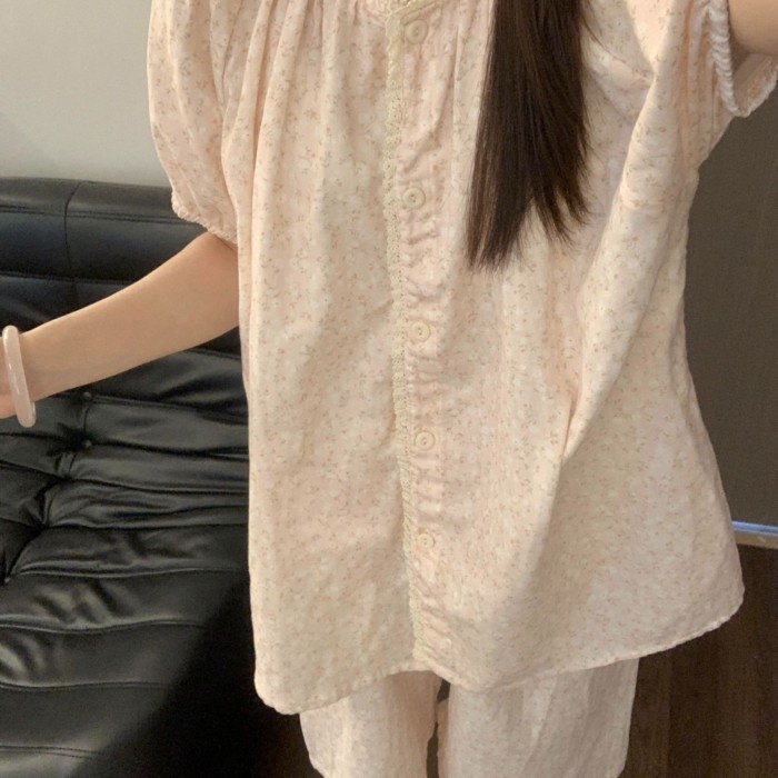 Bộ đồ ngủ nhỏ tươi tắn dành cho nữ, bộ đồ ngắn tay ren nữ tính ngọt ngào, trang phục ở nhà th