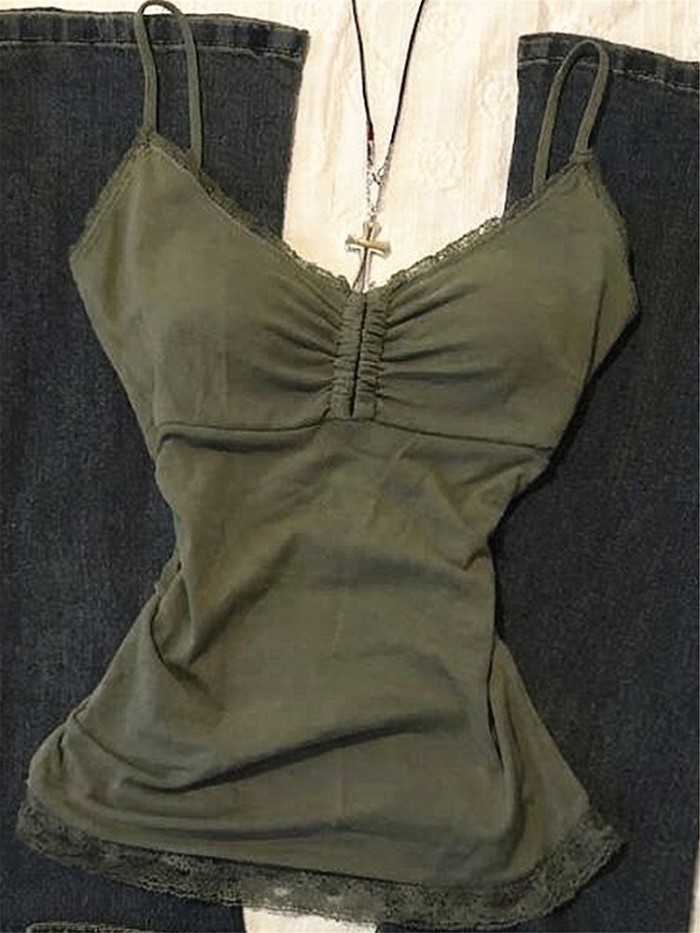 Korean Version Of Green Lace V-neck Camisole For Women Summer New Hot Girl Slimming Sexy Top