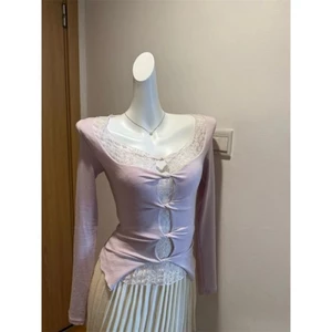 Pure Desire Slim Fit và thiết kế đa năng Áo thun dài tay giả hai mảnh màu tím khâu ren cổ chữ
