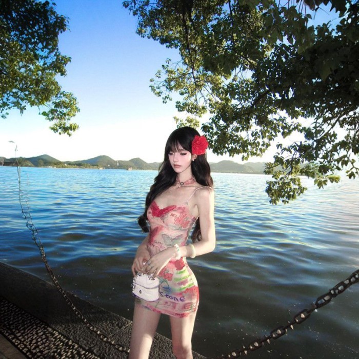 Little Girl Pink Printed Suspender Dress Seaside Vacation Waist Slimming Sexy Hip-hugging Sho