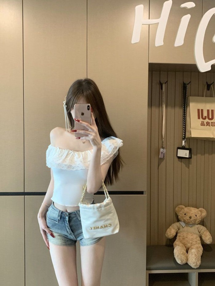 Pure Desire Hot Girl Áo thun trễ vai phối ren cho nữ mùa hè Áo ngắn trễ vai độc đáo và sang t