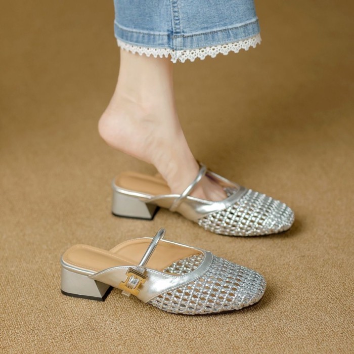 đôi sandal cao gót nhỏ mũi vuông của Pháp để mặc bên ngoài có quai một mảnh, dép mũi rỗng thích